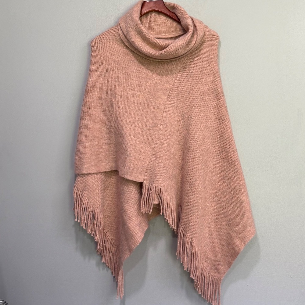 Chicos Womens Pink Metallic Knit Cowl Neck Fringe Poncho Wrap One Size